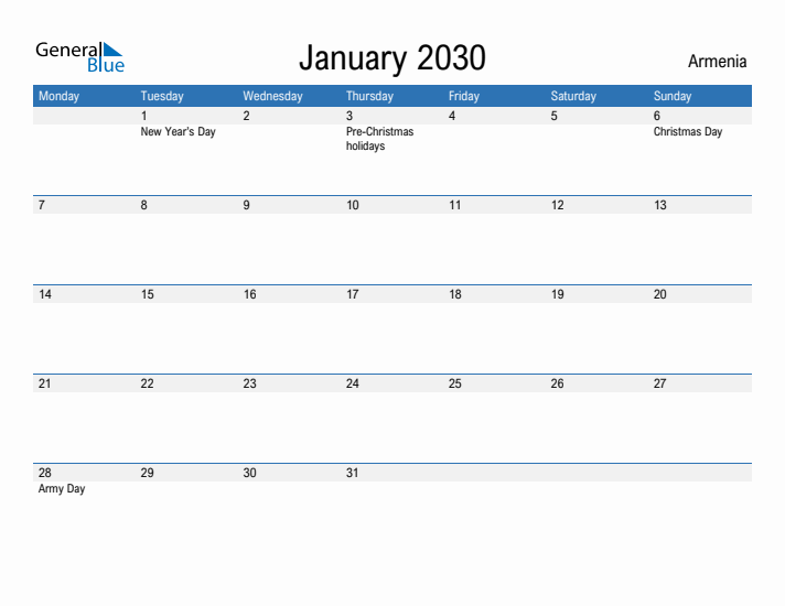 Fillable January 2030 Calendar