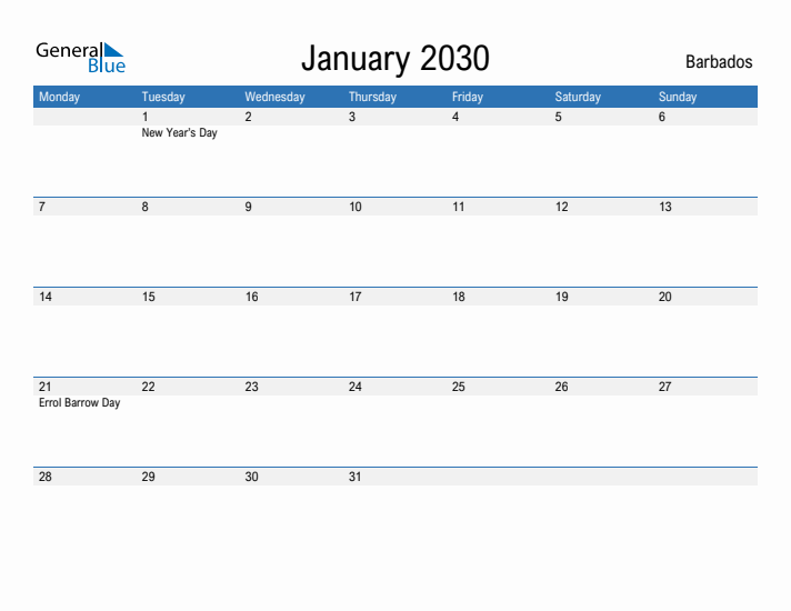 Fillable January 2030 Calendar