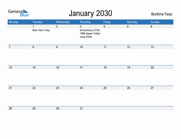 Fillable January 2030 Calendar