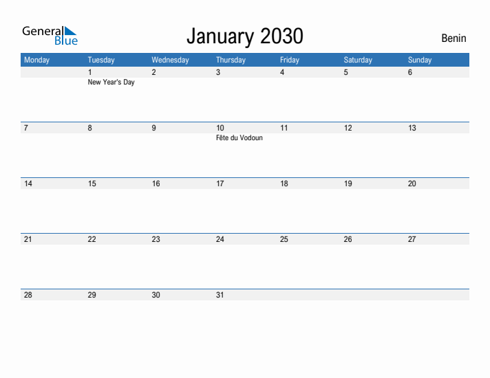 Fillable January 2030 Calendar