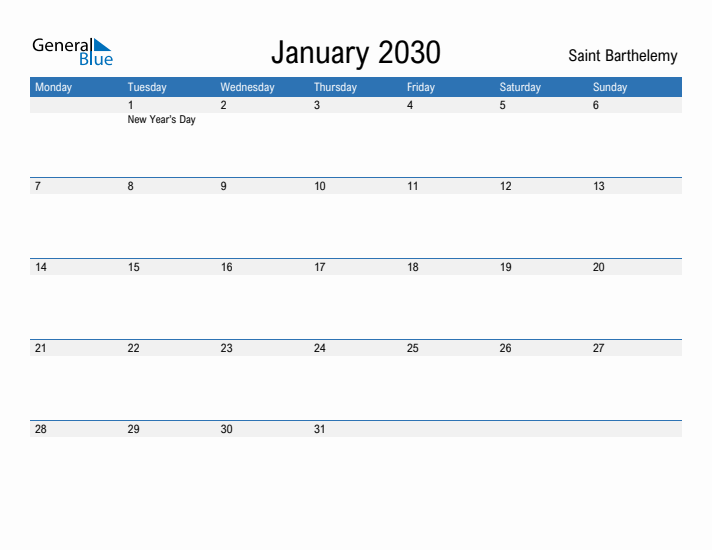 Fillable January 2030 Calendar