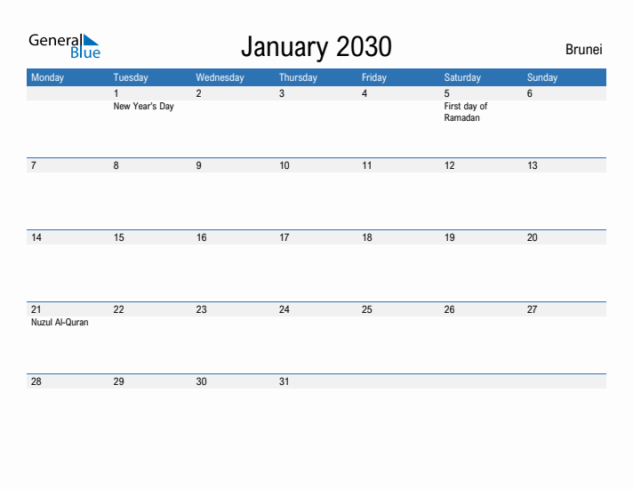 Fillable January 2030 Calendar