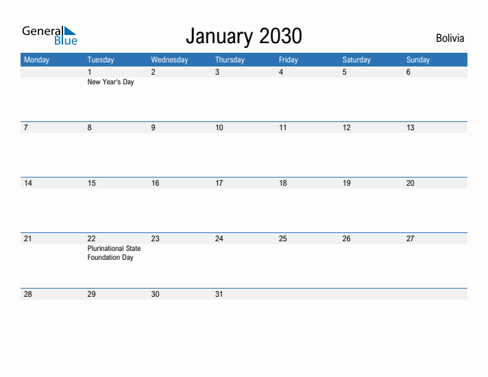 Fillable January 2030 Calendar