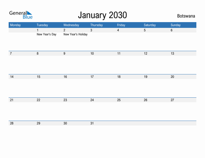 Fillable January 2030 Calendar