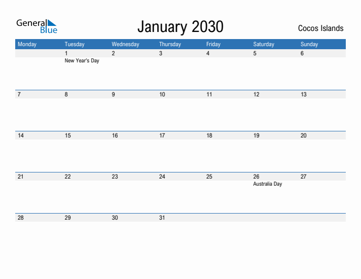 Fillable January 2030 Calendar