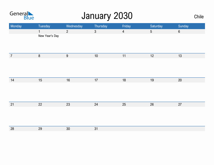 Fillable January 2030 Calendar