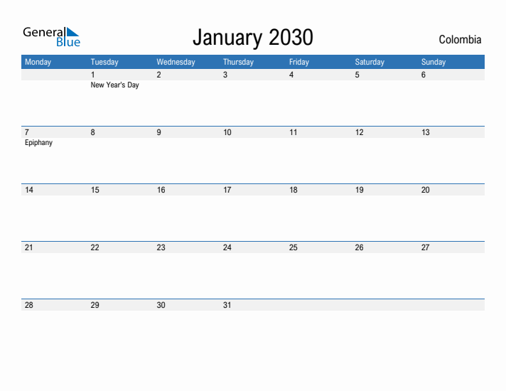 Fillable January 2030 Calendar