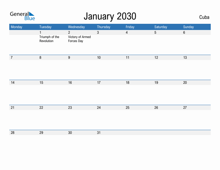 Fillable January 2030 Calendar