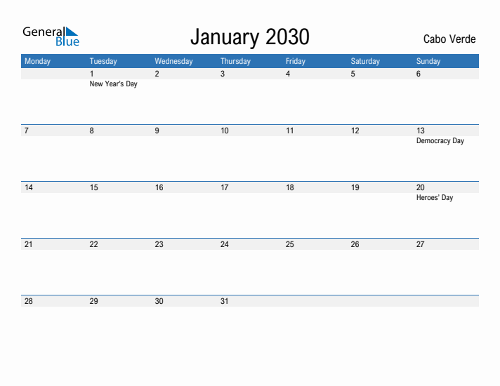 Fillable January 2030 Calendar