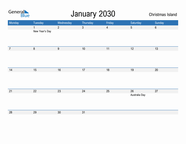 Fillable January 2030 Calendar