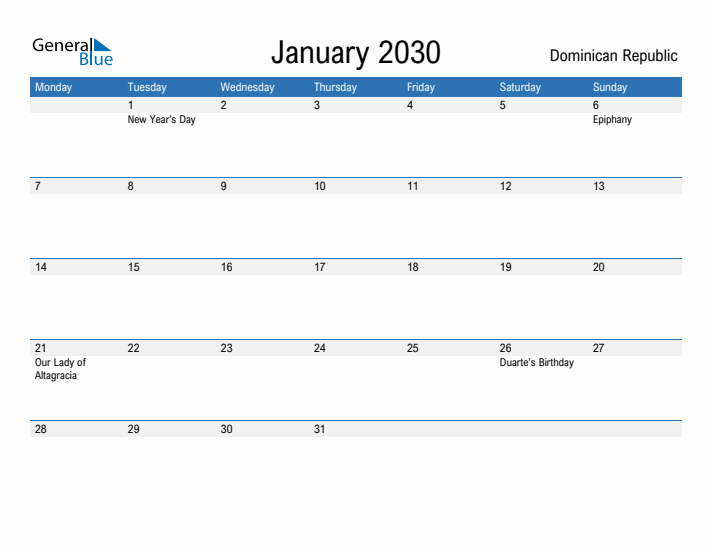 Fillable January 2030 Calendar