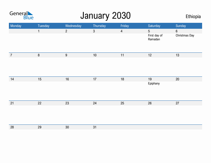 Fillable January 2030 Calendar