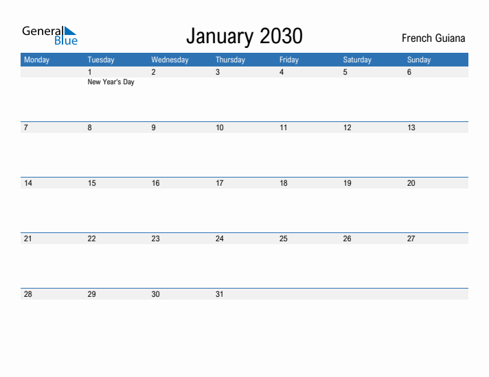 Fillable January 2030 Calendar