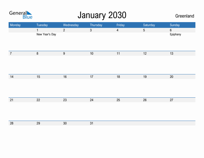 Fillable January 2030 Calendar