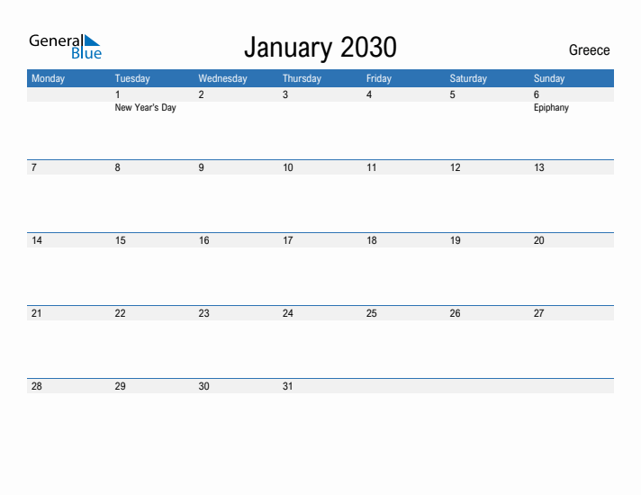 Fillable January 2030 Calendar