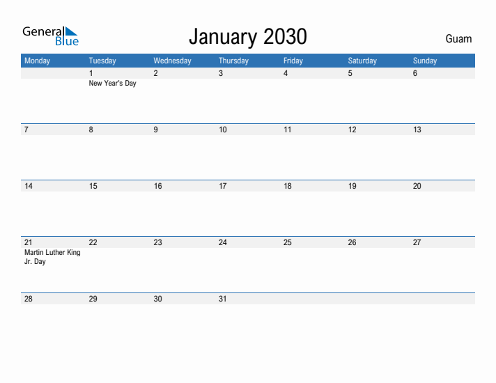 Fillable January 2030 Calendar