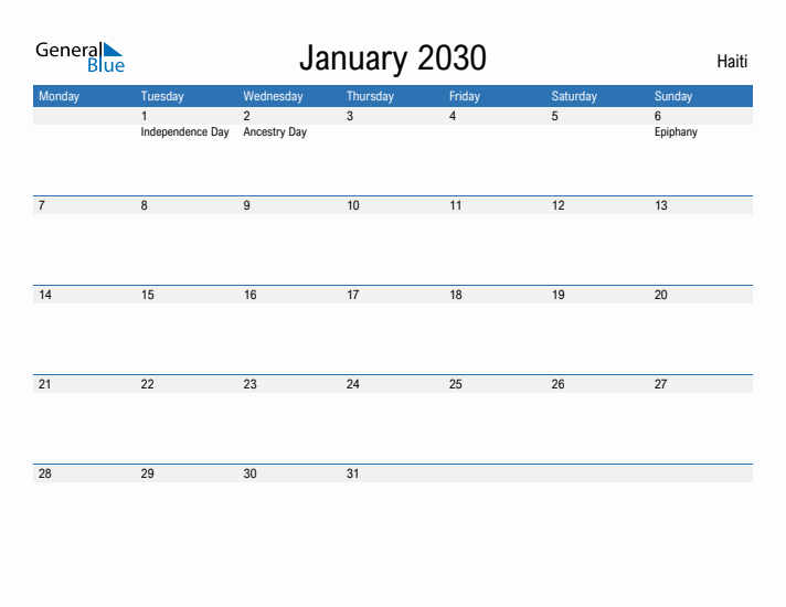 Fillable January 2030 Calendar