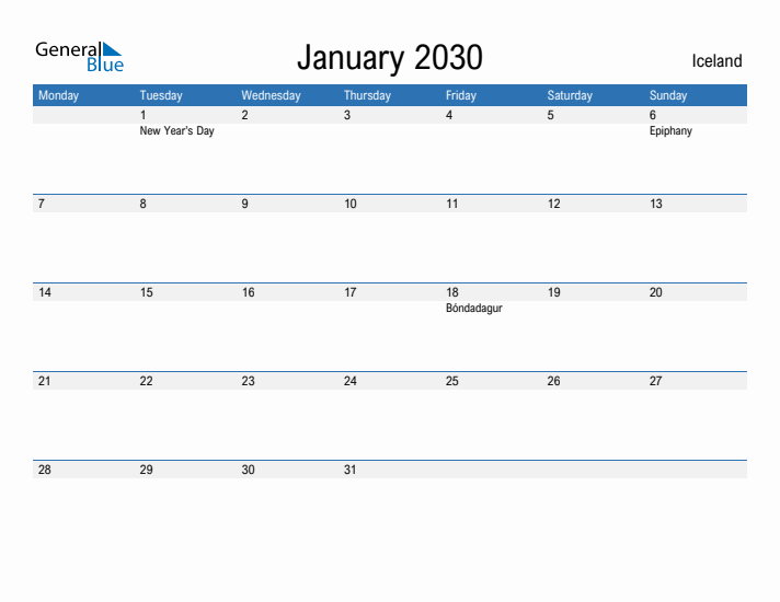 Fillable January 2030 Calendar