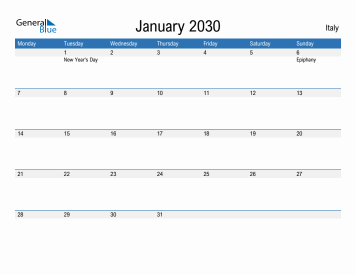 Fillable January 2030 Calendar