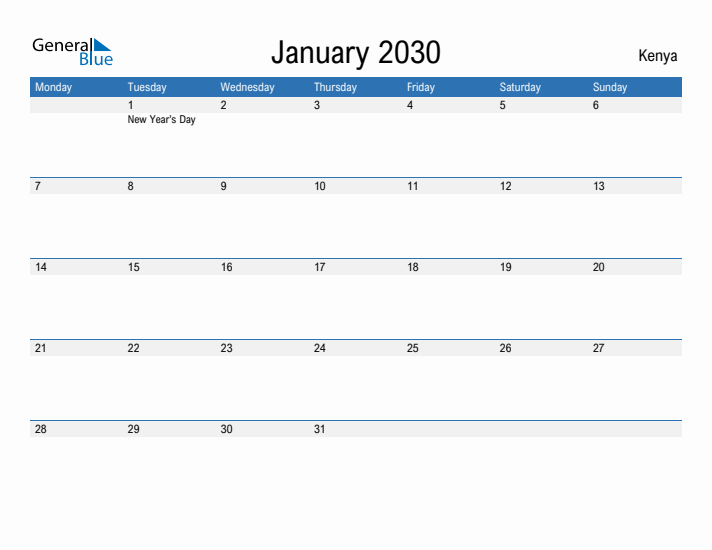 Fillable January 2030 Calendar