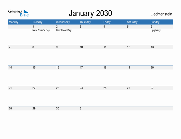 Fillable January 2030 Calendar