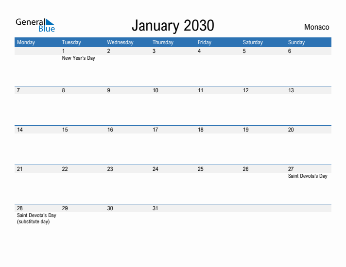 Fillable January 2030 Calendar