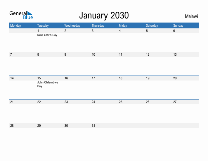 Fillable January 2030 Calendar