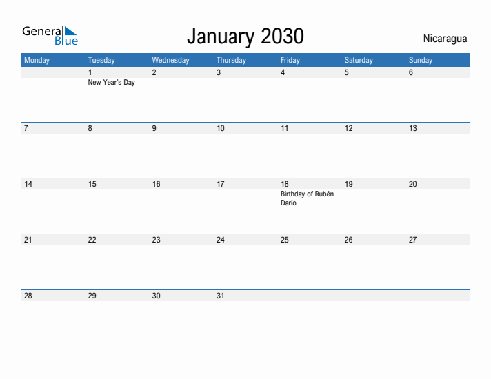 Fillable January 2030 Calendar