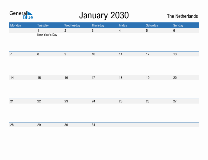 Fillable January 2030 Calendar