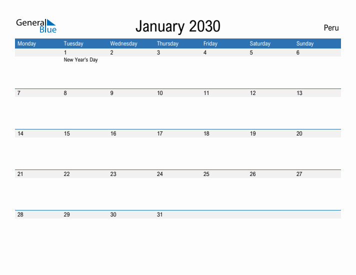 Fillable January 2030 Calendar