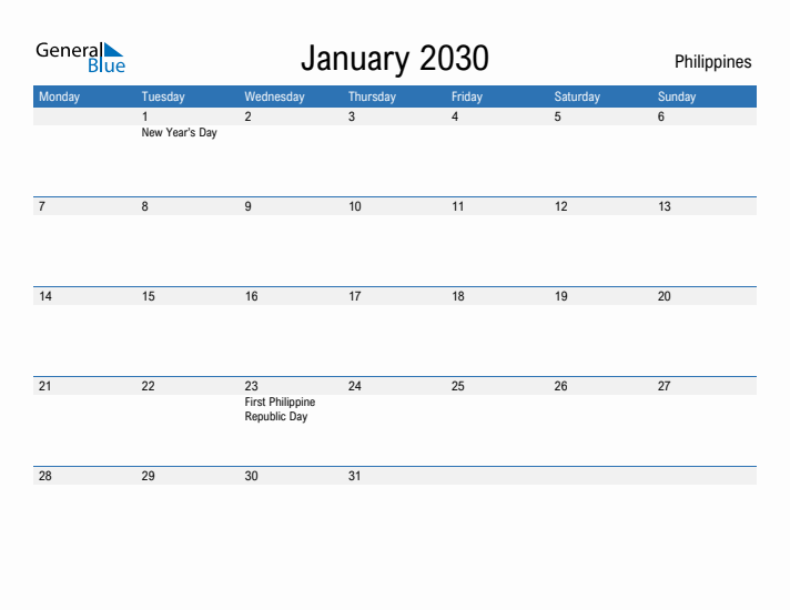 Fillable January 2030 Calendar