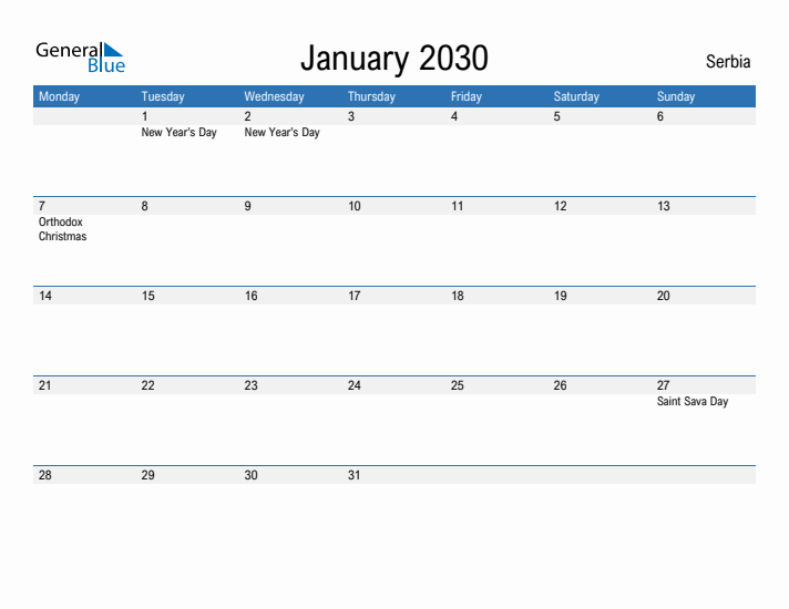 Fillable January 2030 Calendar