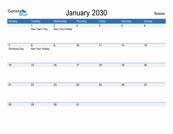 Fillable January 2030 Calendar