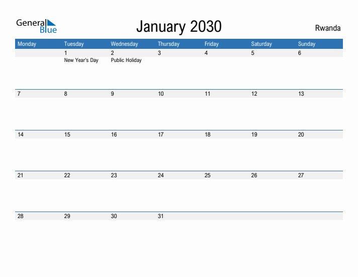 Fillable January 2030 Calendar