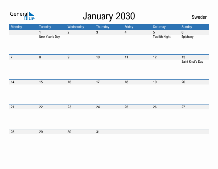 Fillable January 2030 Calendar