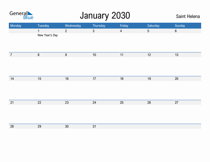 Fillable January 2030 Calendar