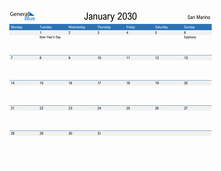 Fillable January 2030 Calendar