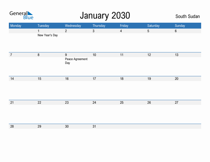 Fillable January 2030 Calendar