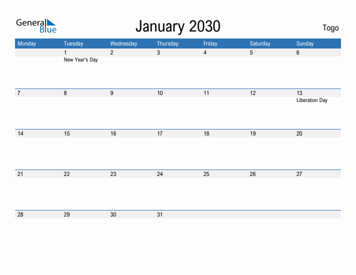 Fillable January 2030 Calendar