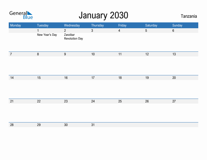 Fillable January 2030 Calendar