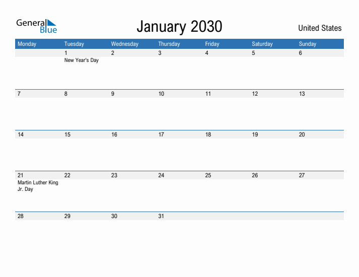 Fillable January 2030 Calendar