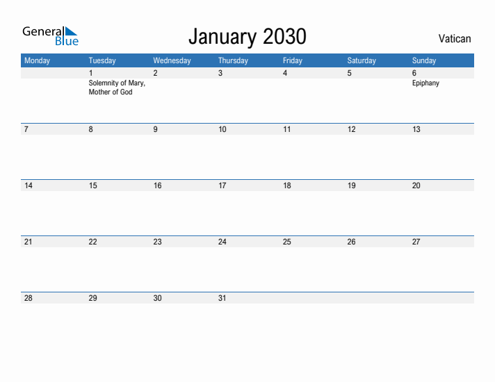 Fillable January 2030 Calendar