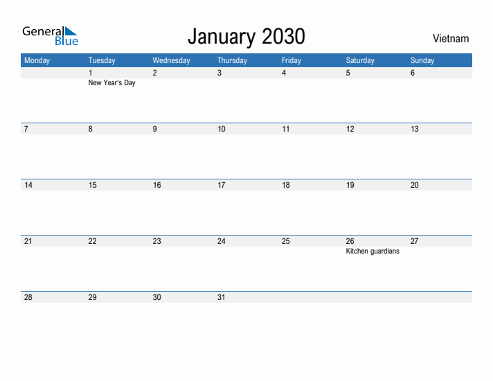 Fillable January 2030 Calendar