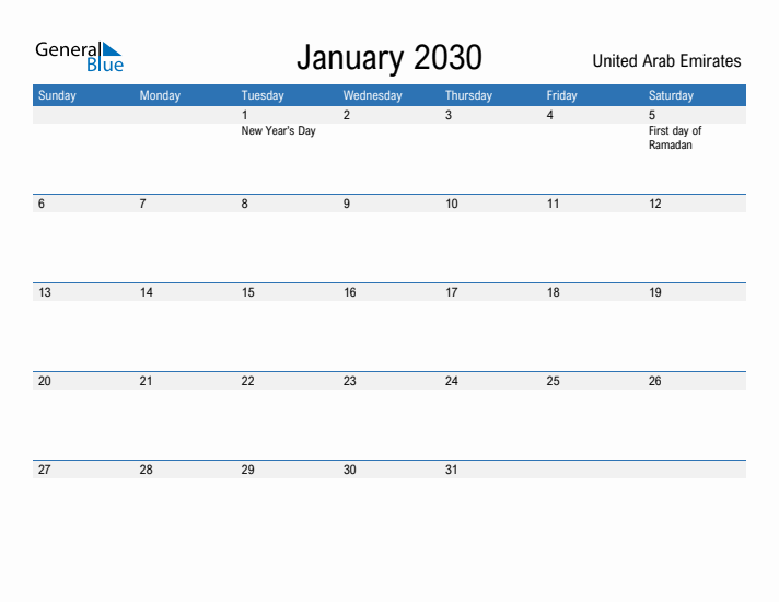 Fillable January 2030 Calendar