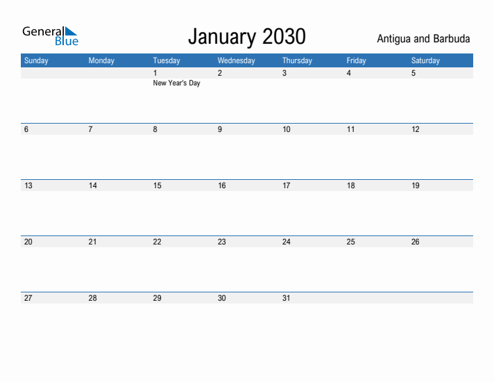 Fillable January 2030 Calendar