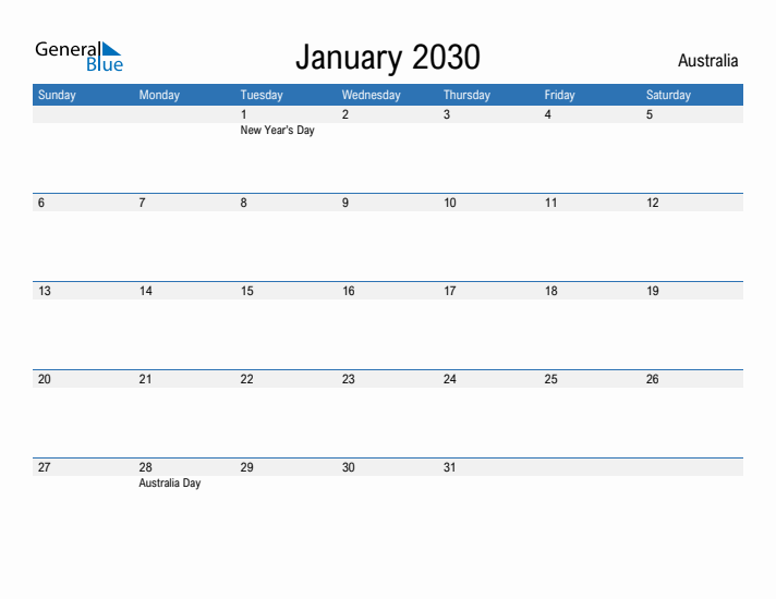 Fillable January 2030 Calendar