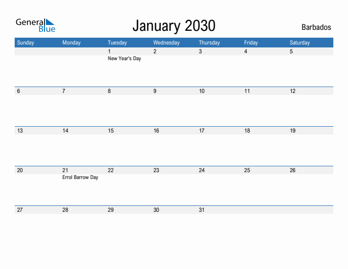 Fillable January 2030 Calendar