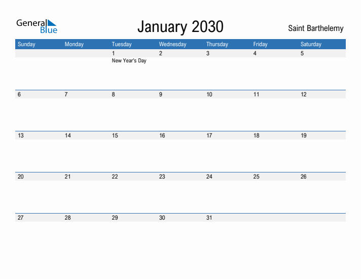 Fillable January 2030 Calendar