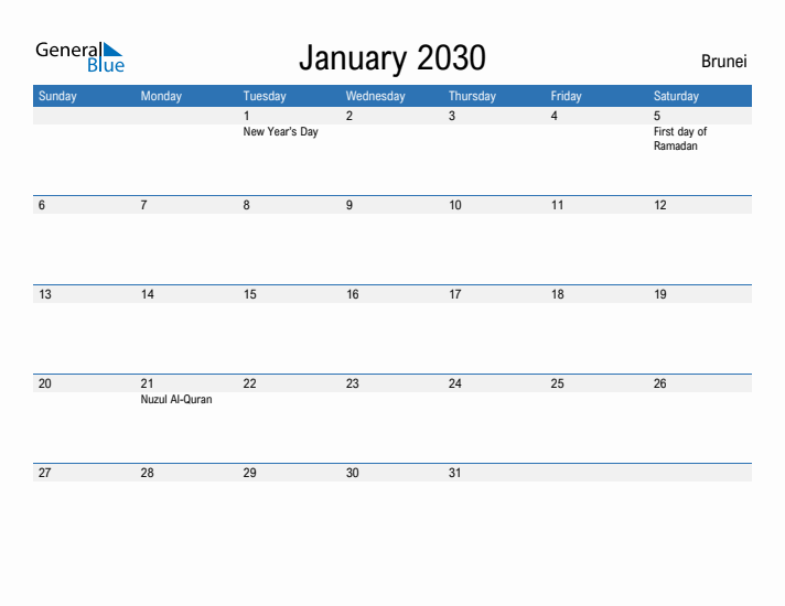 Fillable January 2030 Calendar