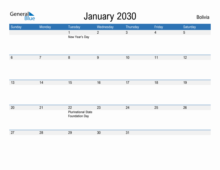 Fillable January 2030 Calendar